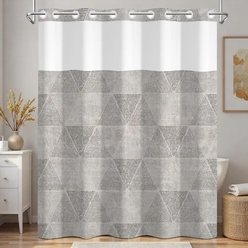 Vista 26 de No Hook Geometric Shower Curtain with Snap in Liner - 71″W x 74″L Waterproof Fabric with Mesh Top Window, Modern Abstract Triangle Design Bath