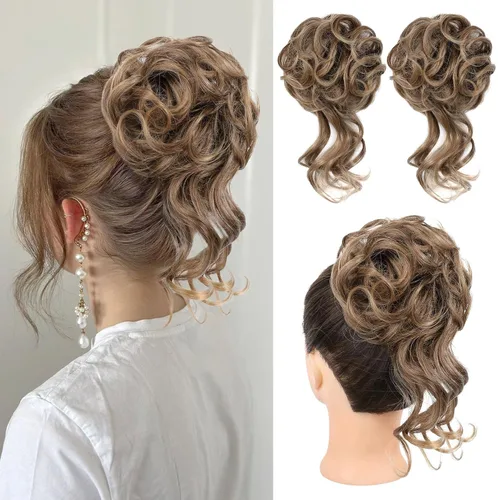 Vista 36 de HOOJIH 2 piezas de extensiones de cabello estilo moño despeinado, extensiones de cabello rizado y ondulado con tiras, cola de caballo, horquillas