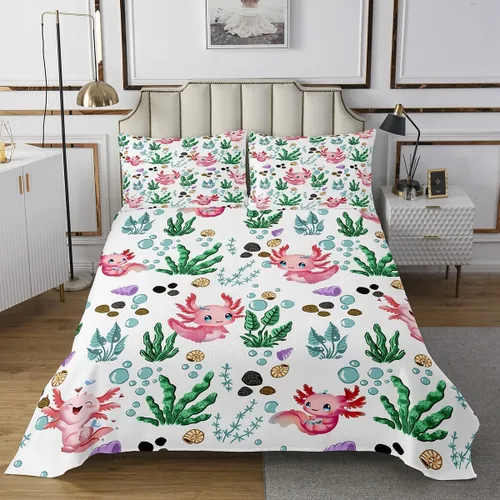 Vista 2 de jejeloiu Lindo juego de colcha de ajolote para niños, colcha de salamandra de dibujos animados para niñas, decoración de plantas acuáticas, colcha
