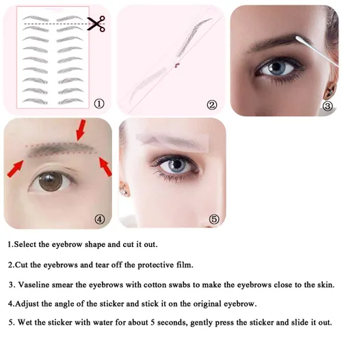 Vista 5 de 6 hojas de calcomanías de tatuaje de cejas, 6D realista, forma de plantilla de cejas, impermeable, transferencia de cejas, herramienta de maquillaje