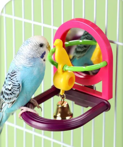 Vista 4 de Perca para pájaros con espejo, bola masticable de loro, juguetes de búsqueda de alimentos, juguete interactivo de inteligencia para pájaros