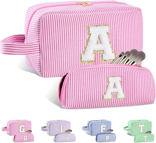Vista 91 de Bolsa de maquillaje personalizada con inicial A-Z para mujeres, niñas y niños, bolsa de aseo de viaje, bolsa de maquillaje preparada, bolsa