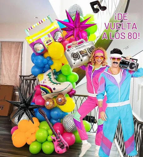 Vista 2 de Kit de arco de guirnalda de globos con temática musical de los años 80, 160 piezas con guitarra, bola de discoteca, nota musical, globo de mylar