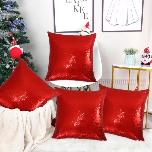 Vista 6 de SquarePie - Juego de 4 fundas de almohada de lentejuelas rojas, 18 x 18 Rojo