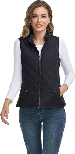 Vista 3 de LONGKING Chaleco para mujer con un bolsillo interior, cuello alto, ligero, con cremallera, acolchado, para mujer