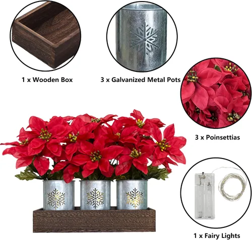 Vista 5 de Flores de Pascua artificiales de Navidad con luces LED, centro de mesa de Navidad rojo en macetas y caja de madera para decoración