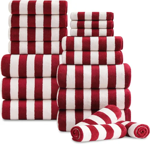 Vista 11 de Juego de 18 toallas de baño de rayas color blanco y negro con lazo para colgar, 6 toallas de baño, 6 toallas de mano, 6 toallas familiares, juego