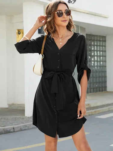 Vista 5 de BMJL Vestido de verano con botones para mujer, cuello en V, manga 34, lazo en la cintura, negocios, casual, para el trabajo, mini vestidos camiseros