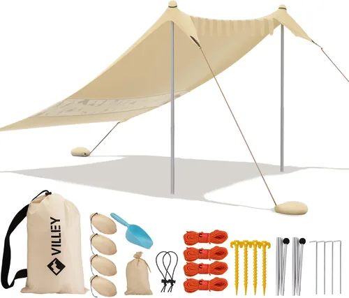 Vista 10 de Villey Tienda de campaña de playa con protección UPF50+, parasol portátil de 8 x 7 pies con 2 postes de estabilidad, 8 clavijas de tierra, 4 sacos