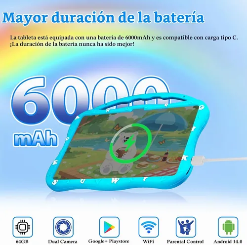 Vista 6 de MengDash Tableta para niños, tableta de 10.1 pulgadas para niños, tableta de aprendizaje educativo Android 14, 12 (4+8) GB de RAM+64GB de Azul