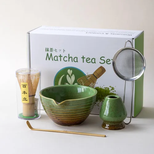 Vista 10 de Juego tradicional de ceremonia de té Matcha con cuenco de cerámica, batidor de bambú, soporte y colador, 5 piezas (azul)