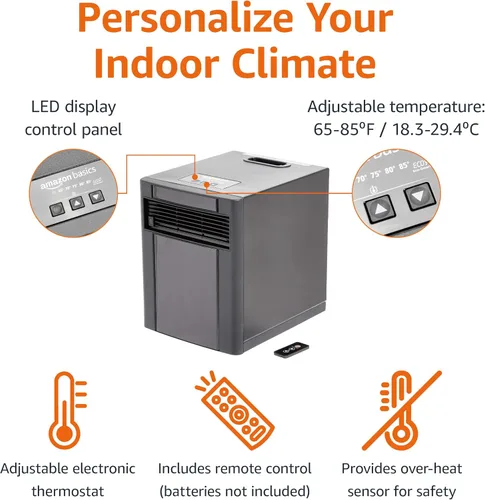 Vista 3 de Amazon Basics Calentador de espacio portátil con control remoto, termostato ajustable, uso en interiores, ajuste de ahorro de energía, pantalla LED