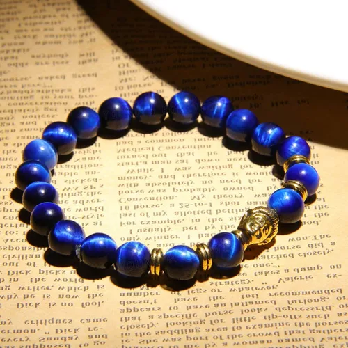 Vista 2 de Tongari - Pulsera de regalo para el día de la madre para hombres (ojo de tigre azul, buda dorado), Piedra, ojo de tigre azul