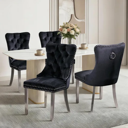 Vista 142 de Juego de 2 sillas de comedor de terciopelo con patas de madera, color beige Mid Century Modern Dining Chairs,Upholstered Chairs with Nailhead