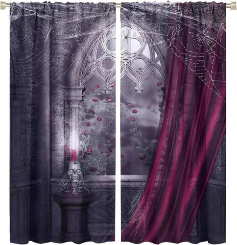Vista 19 de Cortinas opacas góticas, diseño de calavera de terror de palacio retro, fondo de rosas rojas, sala de estar, dormitorio, cocina, cortinas de ventana