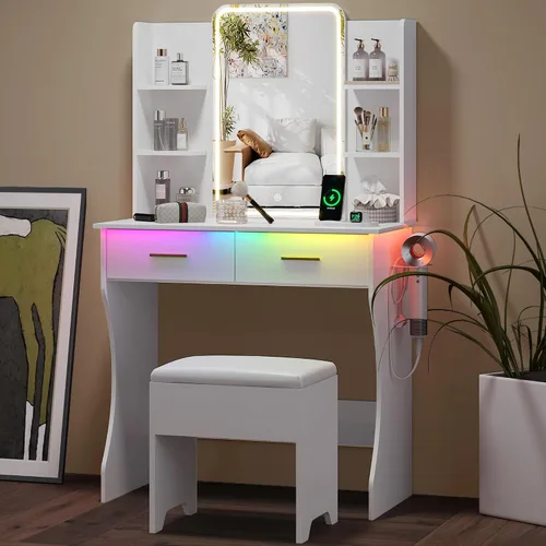 Vista 19 de HUANLEGO Pequeño escritorio rosa con espejo y luces para mujeres y niñas