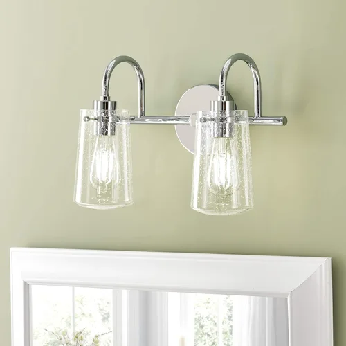 Vista 4 de Linea di Liara Avezzana - Lámpara de tocador de baño de 2 luces de níquel cepillado con pantalla de vidrio transparente, modernas luces de tocador