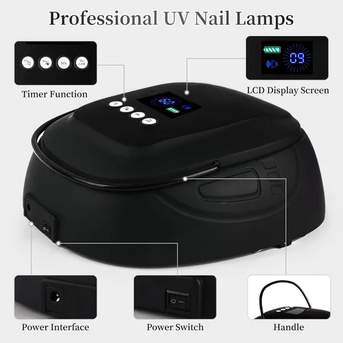 Vista 8 de Lámpara de uñas LED UV recargable de 126 W, secador de uñas inalámbrico portátil con sensor automático y 4 ajustes de temporizador, lámpara de Negro