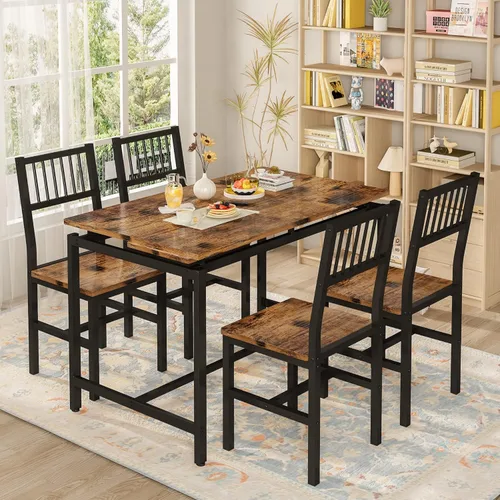 Vista 10 de AWQM - Juego de mesa de comedor de 47.2 pulgadas para 4, mesa industrial con 4 sillas curvas, juego de mesa de cocina rectangular de 5 piezas