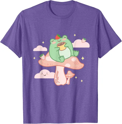 Vista 9 de Kawaii Strawberry Frog On Mushroom - Camiseta de manga corta de anime, Azul / Patchwork, S Azul Pastel