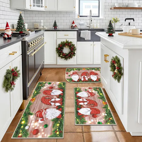 Vista 6 de Juego de 3 tapetes de cocina de Feliz Navidad, alfombras antideslizantes de cocina para invierno y fiestas navideñas Xmas, alfombra cómoda