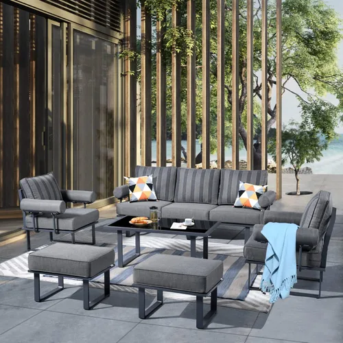 Vista 12 de HOOOWOOO Juego de 4 muebles de patio al aire libre, sofá de conversación moderno exterior de aluminio, asiento de sofá resistente a la intemperie