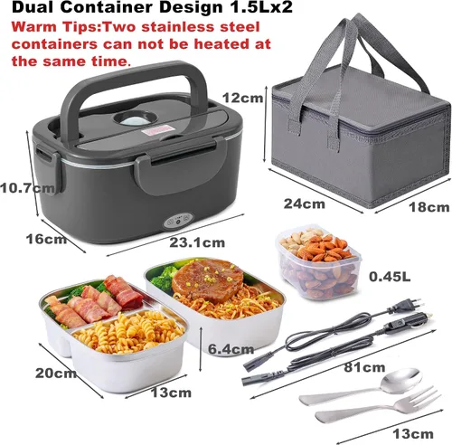 Vista 2 de Nifogo 100W Heated Bowl for Car and Truck and Office Electric Lunch Box 3 in 1 Stainless Steel 12 V 24 V and 230 V – Lunch Box 1.5 L x 2 with Grey
