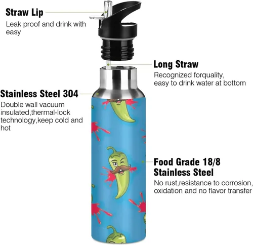 Vista 3 de Stainless Steel Vacuum Insulated Water Bottle 20 Oz, BPA-Free Sports Water Bottle for Gym Outdoor Travel School, Green Chili Peppers