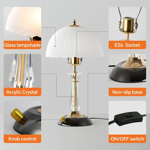 Vista 5 de Lámpara de mesa de cristal, lámpara de noche regulable con interruptor de encendido/apagado, modernas lámparas de vidrio para mesitas de noche