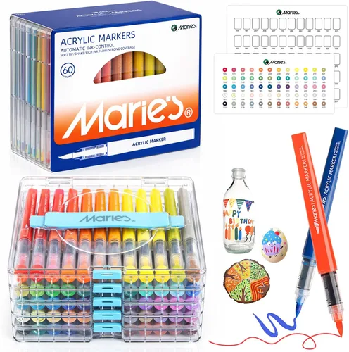 Vista 9 de Marie's Marcadores de pintura acrílica, bolígrafos de pintura con punta de pincel a base de agua, estuche organizador transparente, tapas numeradas