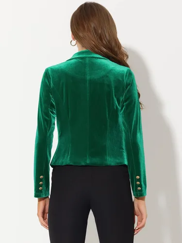 Vista 4 de Allegra K Chaqueta corta de terciopelo con 1 botón para mujer, con solapa, para negocios, oficina, Navidad