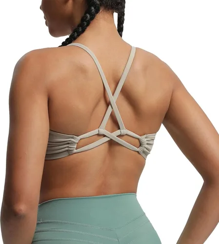 Vista 2 de Aoxjox Brasier deportivo de entrenamiento para mujer, camiseta sin mangas con espalda cruzada, fruncida, con relleno, para yoga