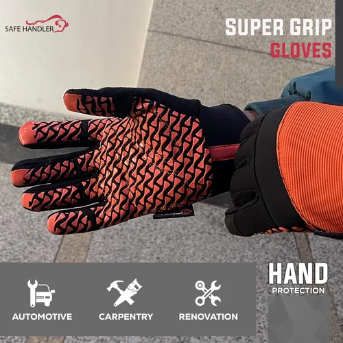 Vista 8 de SAFE HANDLER Guantes Super Grip Palma de agarre texturizada, textura antideslizante, correa de muñeca con gancho y bucle, negro/naranja, S/M, 1