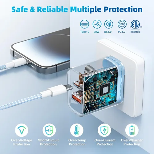 Vista 9 de Para iPhone 17 16 15 Cargador de carga rápida, paquete de 4 unidades de doble puerto de 20 W USB C Charger Block with 6FT USB-C to C Cable Type C