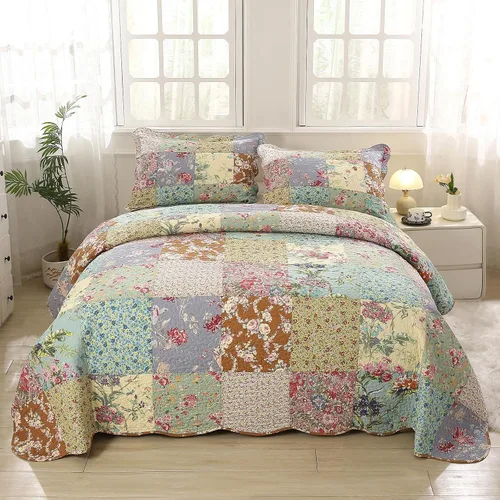 Vista 16 de vctops Juego de edredón acolchado de algodón navideño de 3 piezas (pájaros, Queen extragrande) Juego de ropa de cama de retazos con diseño