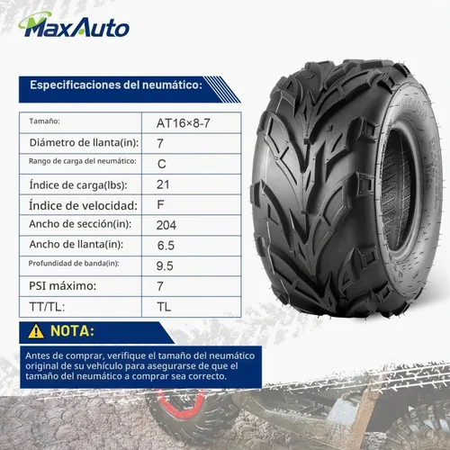 Vista 3 de MaxAuto Neumáticos ATV 16x8-7 16x8x7 Go Kart Quad Neumáticos 6 PR sin cámara todo terreno UTV, paquete de 2