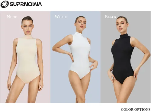 Vista 4 de SUPRNOWA Leotardo de cuello alto de manga larga de elastano para mujer