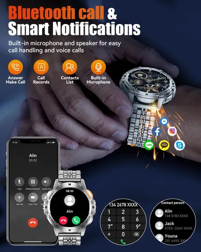 Vista 7 de Relojes inteligentes militares para hombre con llamada Bluetooth, reloj inteligente AMOLED impermeable de 1.43 pulgadas con linterna, 111 modos