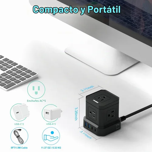 Vista 5 de TOPREK - Regleta de alimentación con USB, USB C (3.0 A) con 5 tomas, 2 USB-C y 2 USB-A, cable de extensión plano de 5 pies con enchufe plano
