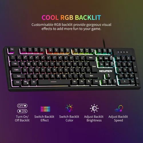 Vista 2 de Newmen GM104 Wired Gaming Keyboard and Mouse Combo,USB RGB Backlit Mechanical Feel 26-Key Anti-Ghosting Computer Gaming Keyboards,Colorful Breathing
