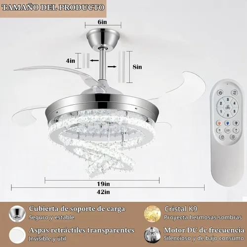 Vista 2 de Ventilador de techo de 42" de cristal con luces, ventilador de araña de cristal moderno DIY con control remoto, ventilador de techo retráctil