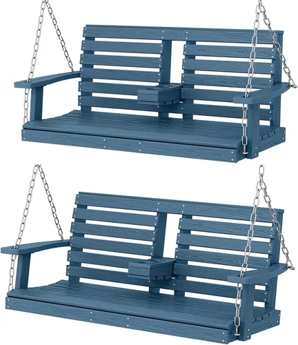 Vista 24 de KINGYES Columpio colgante para porche al aire libre, silla de patio de 2 asientos con portavasos, banco impermeable para patio y jardín, capacidad