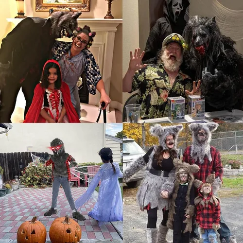 Vista 5 de Nalmits Disfraz de hombre lobo de Halloween para niños, trajes de lobo aullador de lujo con máscara de ojos rojos iluminados, guantes, zapatos