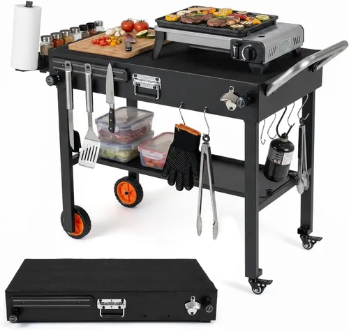 Vista 13 de HAPPYGRILL Carrito de parrilla al aire libre, mesa móvil de preparación de alimentos con parrilla de carbón coreano, panel lateral plegable, 2