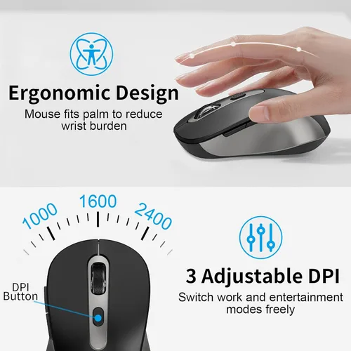 Vista 5 de Teclado y mouse silenciosos, teclado de computadora compacto inalámbrico de tamaño completo con botón de calculadora, mouse de 2400 DPI, clic