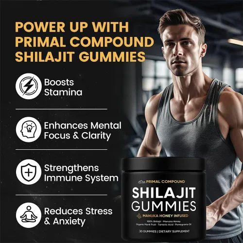 Vista 3 de Gomitas de Shilajit de compuesto primario para hombres, con miel de manuka, fruta de monje orgánica y ácido fúlvico, suplementos de gomitas