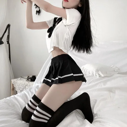 Vista 3 de Traje de sirvienta, estudiante japonés, sexy, de un hombro, perspectiva, tubo, top babydoll linda falda plisada