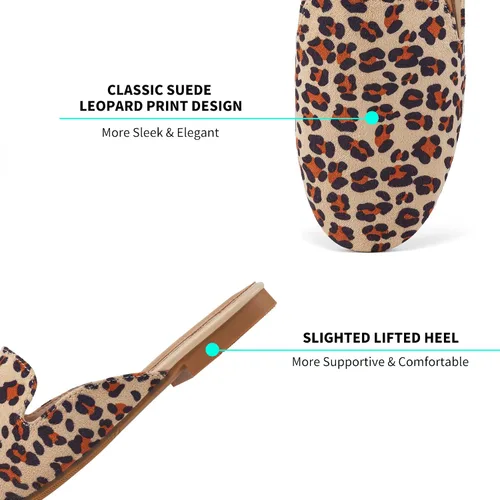Vista 2 de Ecetana Mocasines para mujer, cómodos, planos, de leopardo, sin cordones, puntera redonda, sin espalda, de gamuza, zapatos para mujer