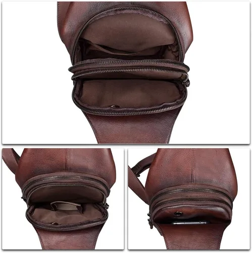 Vista 7 de IVTG Bolso bandolera de cuero genuino para hombres y mujeres, bolso cruzado de hombro en el pecho, mochila de senderismo, mochila vintage hecha a