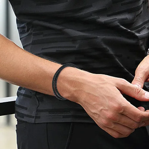 Vista 4 de KXJ Pulsera de cuero italiano para hombres y mujeres, genuina, doble envoltura, negromarrónrojo, brazalete de cuero trenzado con cierre magnético